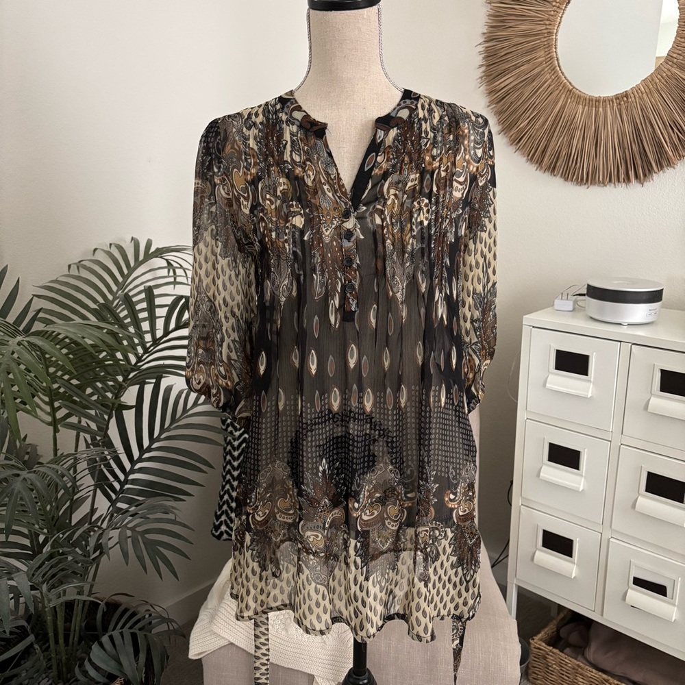 🪴$5/25🪴 Kylee Boho Peasant Paisley 3/4 Sleeve Sheer Tunic Top & Tie Belt Small